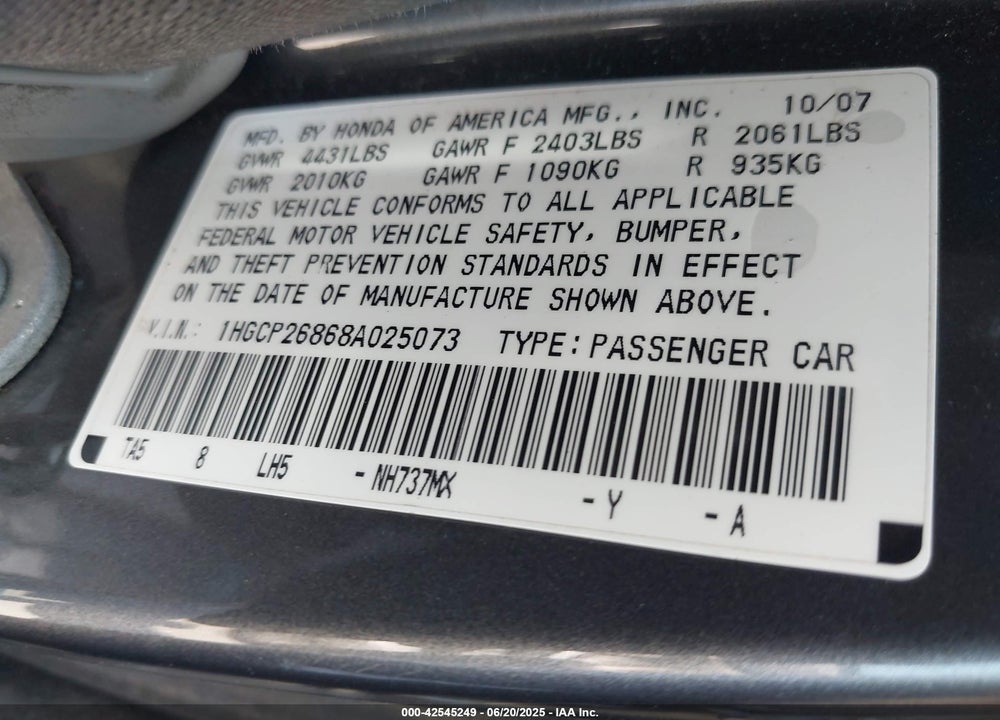 2008 HONDA ACCORD VIN: 1HGCP26868A025073