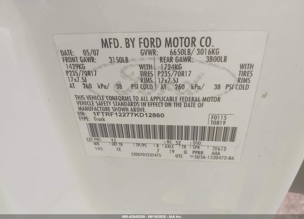 2007 FORD F-150 STX/XL/XLT VIN: 1FTRF12277KD12860