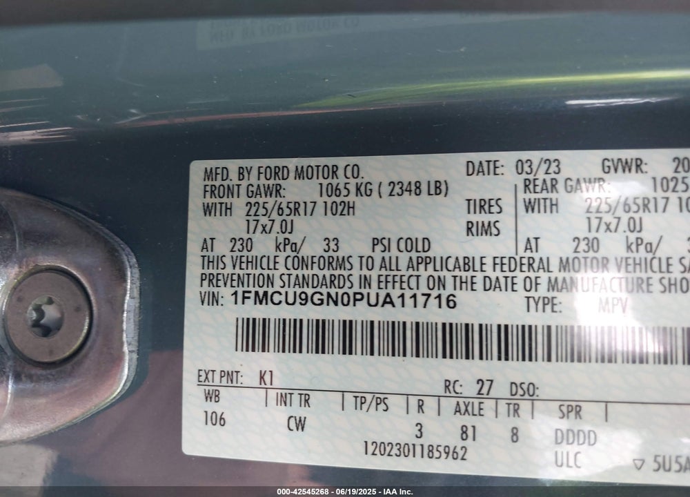 2023 FORD ESCAPE VIN: 1FMCU9GN0PUA11716
