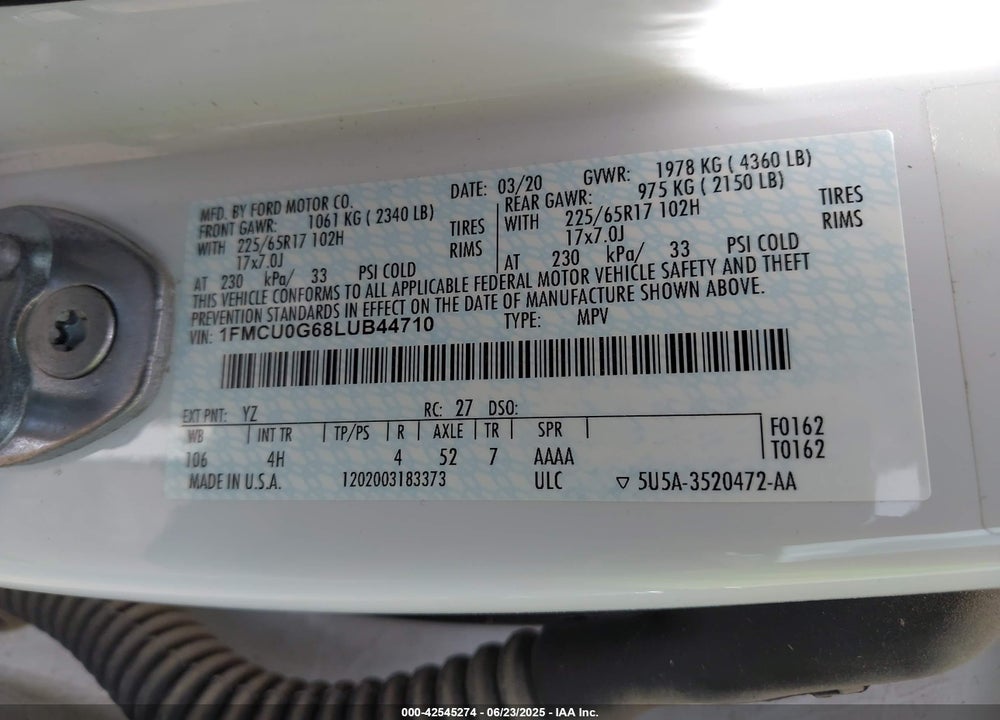 2020 FORD ESCAPE VIN: 1FMCU0G68LUB44710