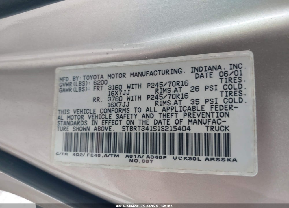 2001 TOYOTA TUNDRA SR5 V8 VIN: 5TBRT34191S215404