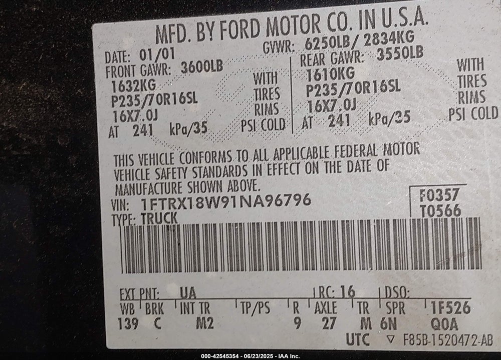 2001 FORD F-150 LARIAT/XL/XLT VIN: 1FTRX18W91NA96796