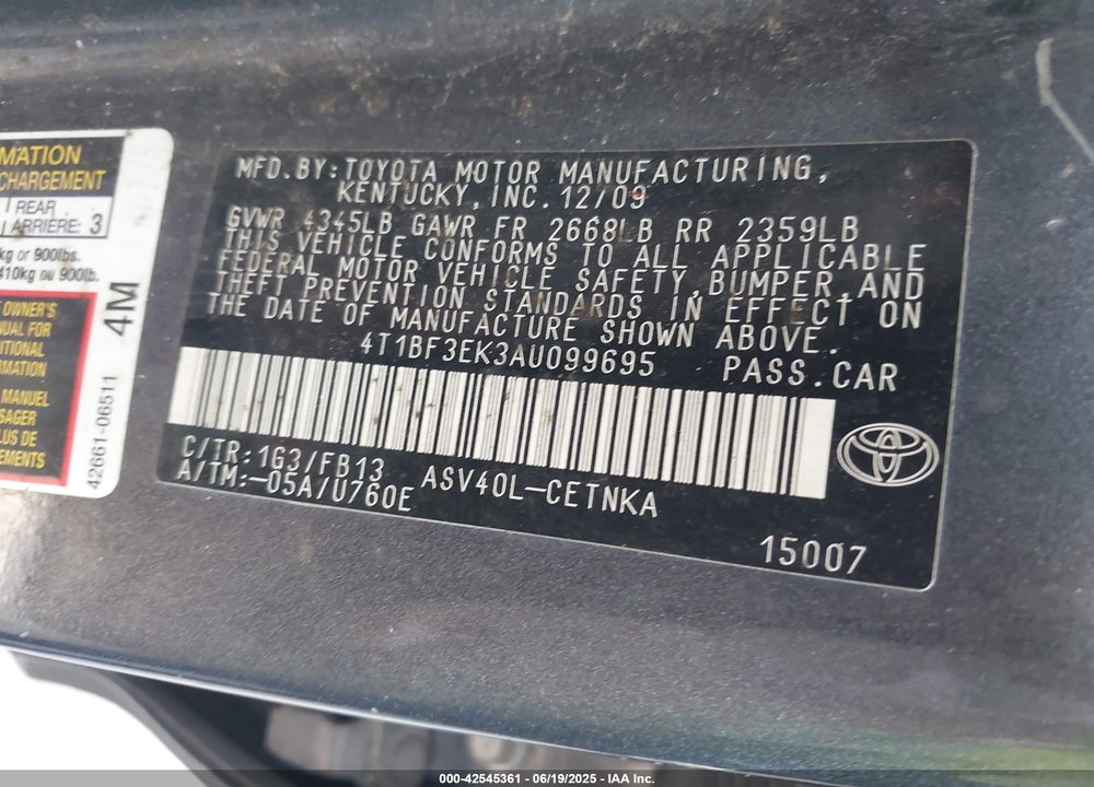 2010 TOYOTA CAMRY LE VIN: 4T1BF3EK3AU099695