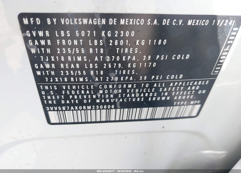 2024 VOLKSWAGEN TIGUAN VIN: 3VV5B7AX0RM230606