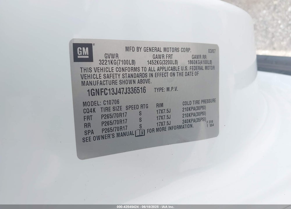 2007 CHEVROLET TAHOE VIN: 1GNFC13J47J336516