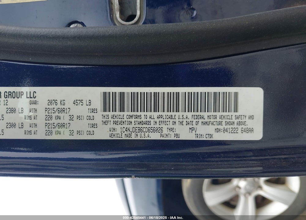 2012 JEEP COMPASS VIN: 1C4NJDEB6CD656026