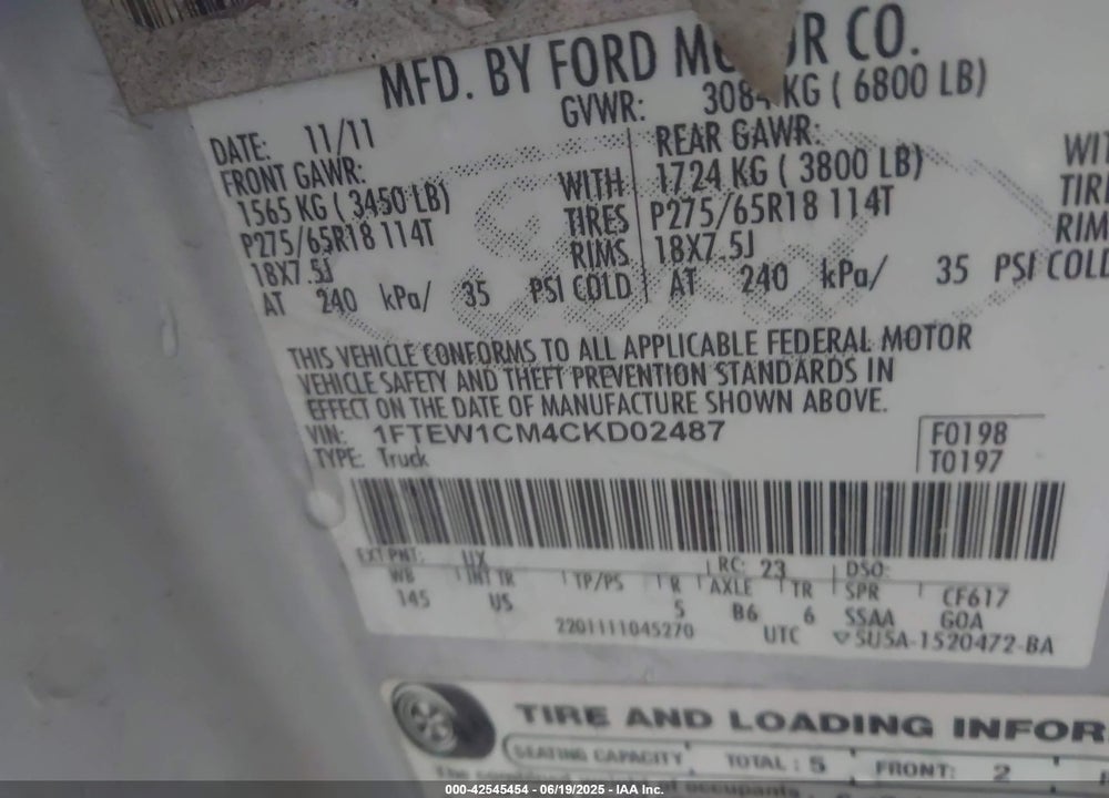2012 FORD F-150 VIN: 1FTEW1CM4CKD02487