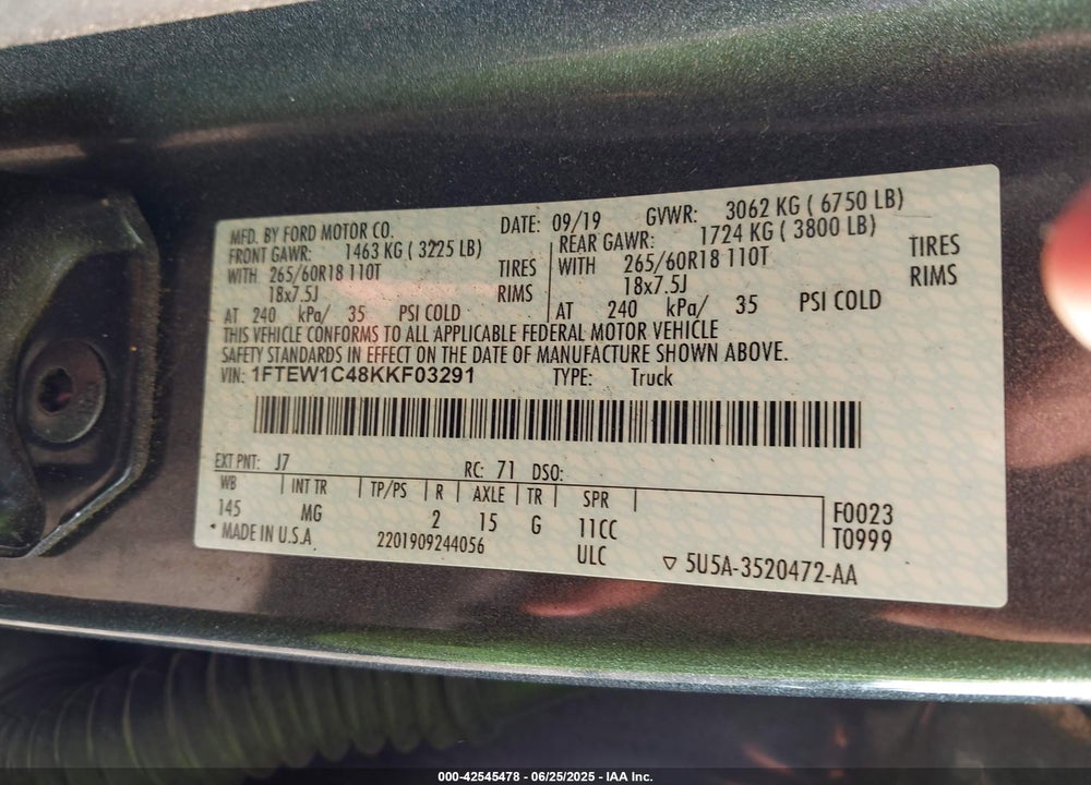 2019 FORD F-150 VIN: 1FTEW1C48KKF03291