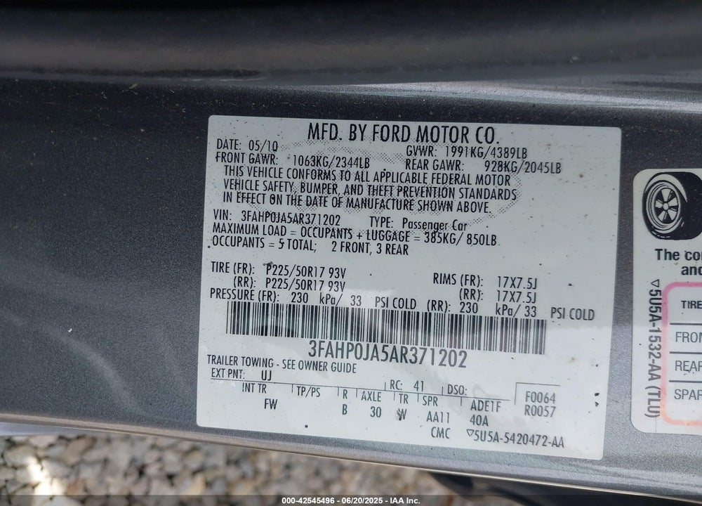 2010 FORD FUSION VIN: 3FAHP0JA5AR371202