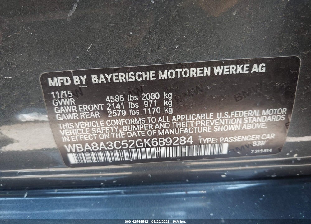 2016 BMW 3 SERIES VIN: WBA8A3C52GK689284