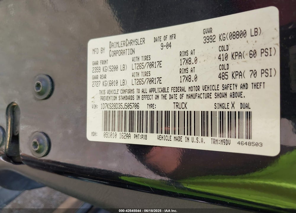 2005 DODGE RAM 2500 SLT/LARAMIE VIN: 1D7KS28D35J505706