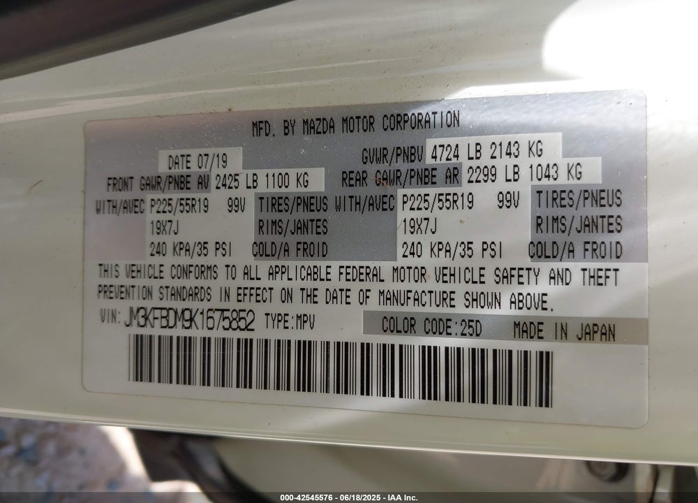 2019 MAZDA CX-5 VIN: JM3KFBDM9K1675852