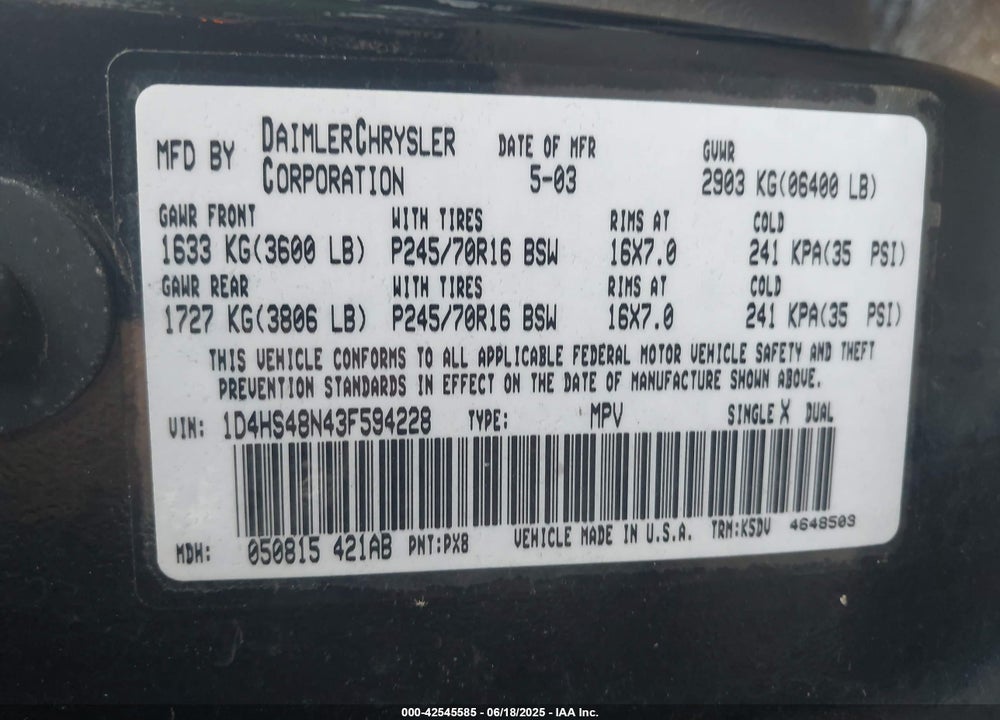 2003 DODGE DURANGO SLT VIN: 1D4HS48N43F594228