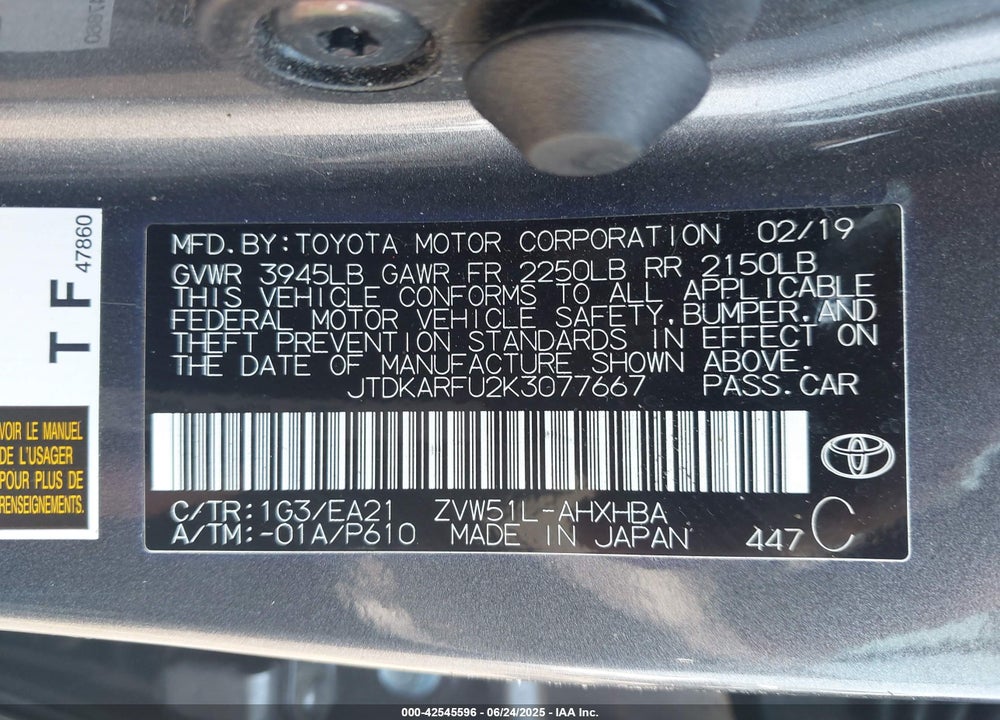 2019 TOYOTA PRIUS VIN: JTDKARFU2K3077667