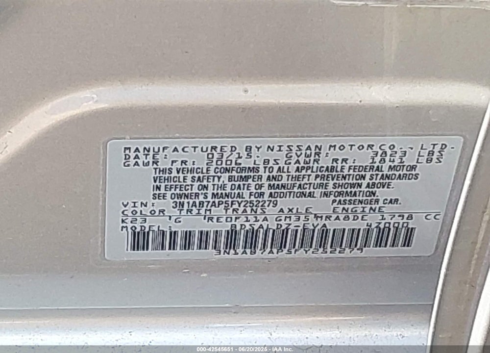 2015 NISSAN SENTRA VIN: 3N1AB7AP5FY252279