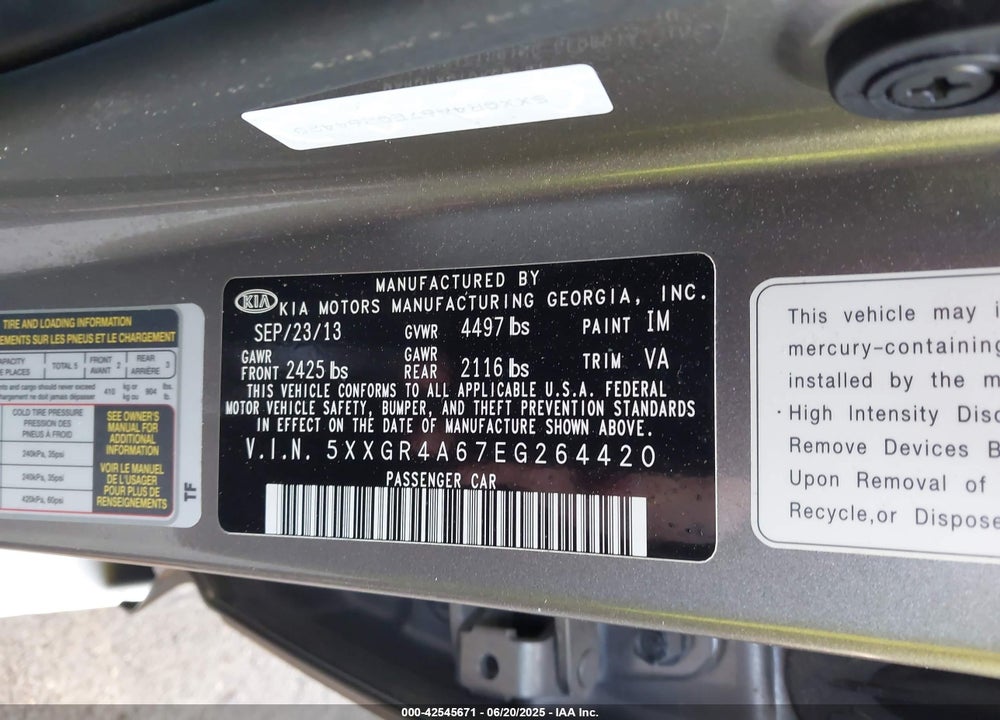 2014 KIA OPTIMA VIN: 5XXGR4A67EG264420