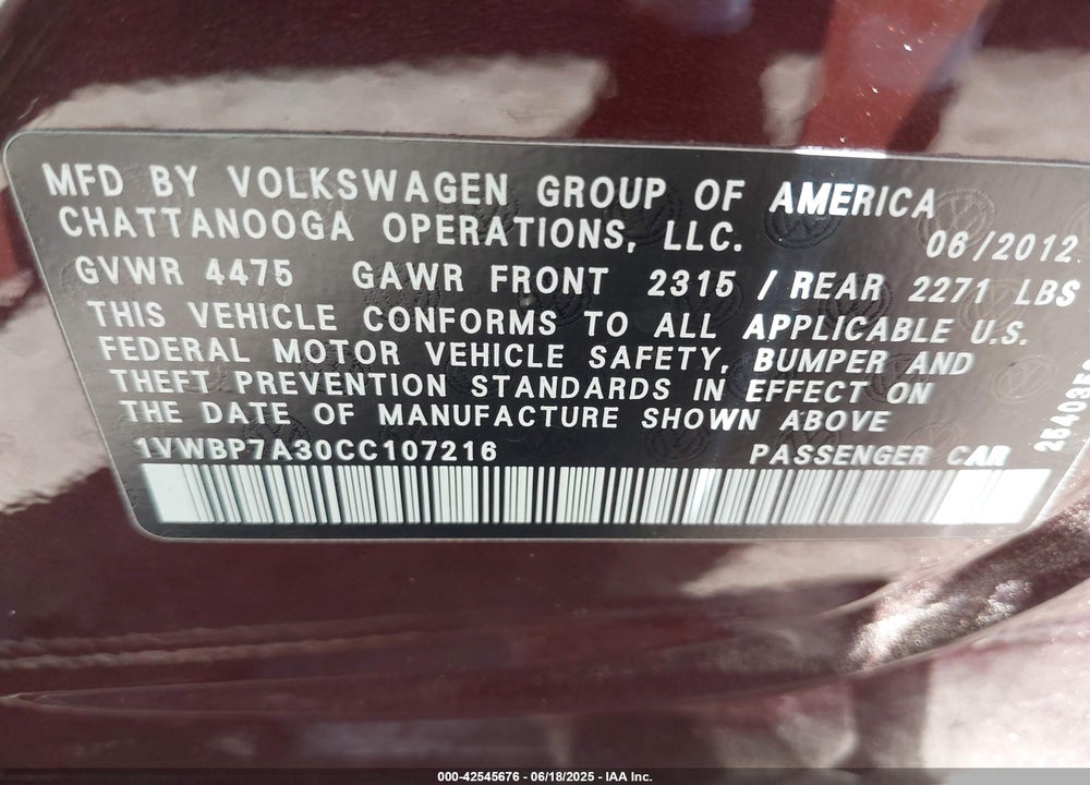 2012 VOLKSWAGEN PASSAT 2.5L SE VIN: 1VWBP7A30CC107216