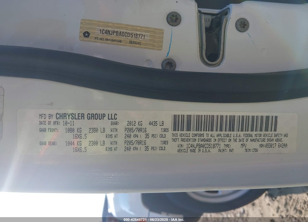 2012 JEEP PATRIOT VIN: 1C4NJPBA0CD518771