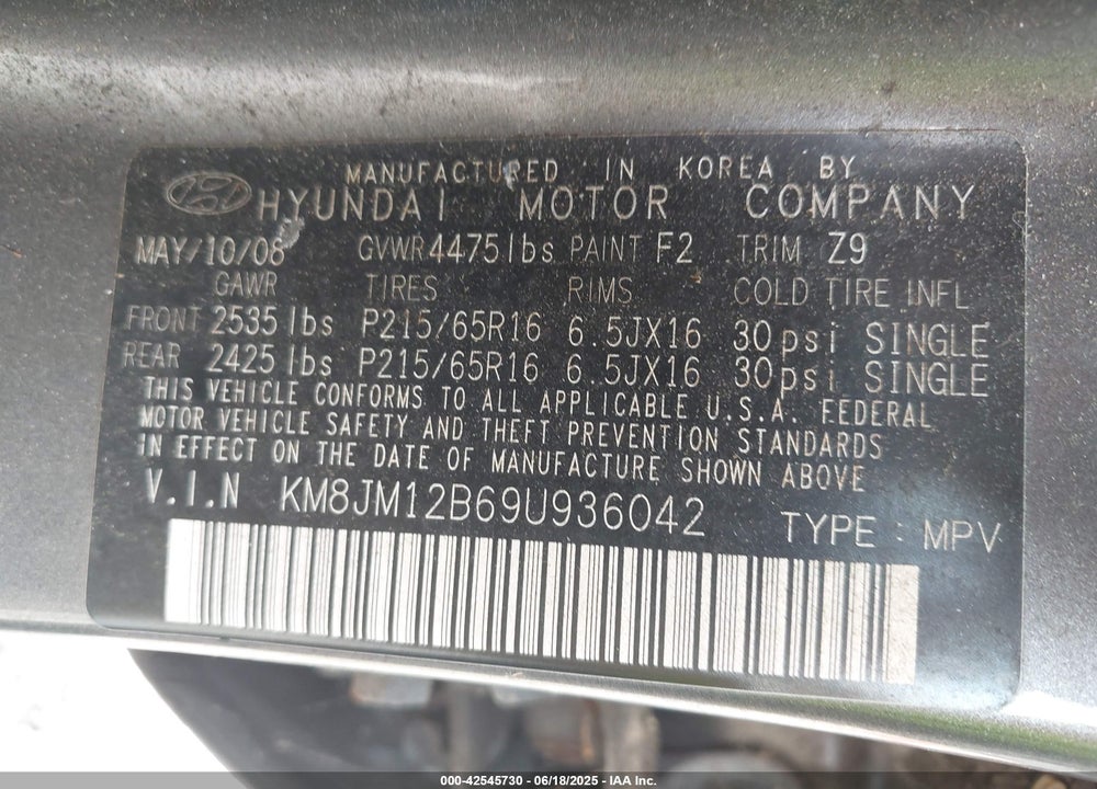 2009 HYUNDAI TUCSON GLS VIN: KM8JM12B69U936042