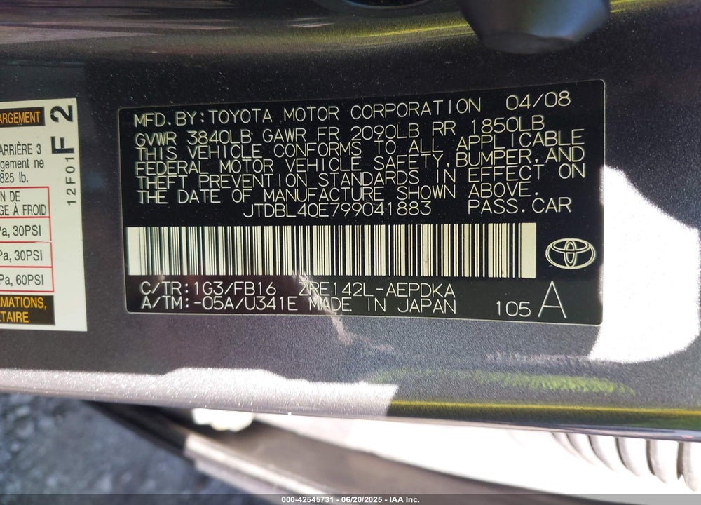 2009 TOYOTA COROLLA LE VIN: JTDBL40E799041883