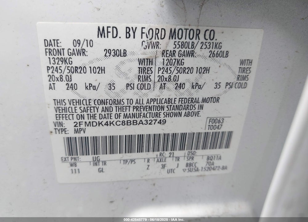 2011 FORD EDGE LIMITED VIN: 2FMDK4KC8BBA32749