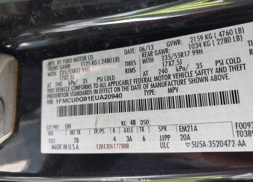 2014 FORD ESCAPE SE VIN: 1FMCU0G91EUA20940