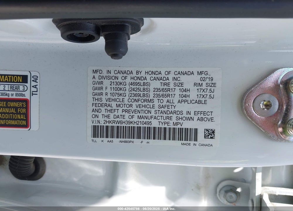 2019 HONDA CR-V VIN: 2HKRW6H39KH210495