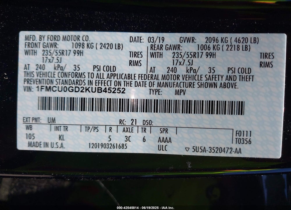 2019 FORD ESCAPE VIN: 1FMCU0GD2KUB45252