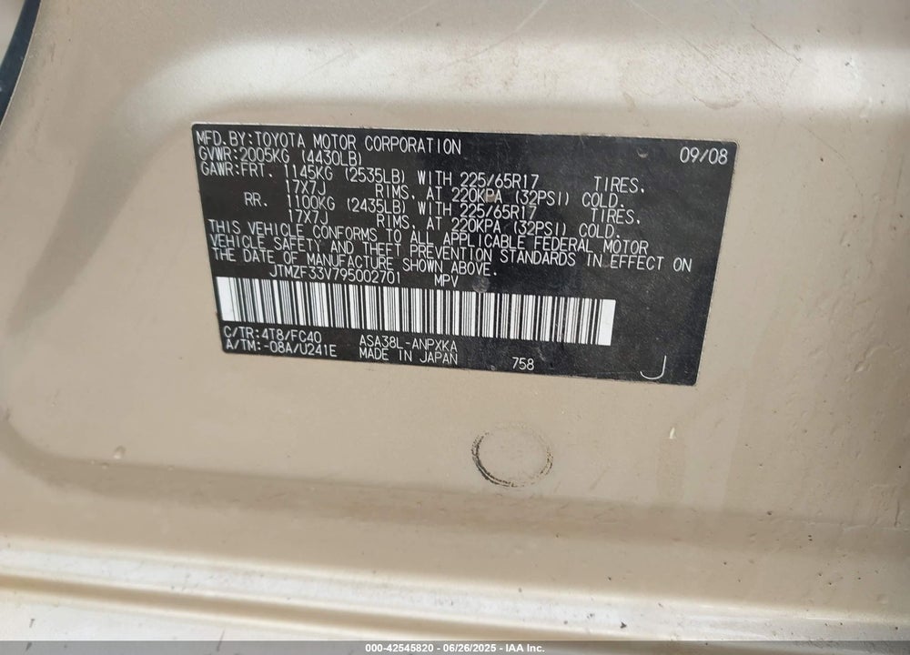 2009 TOYOTA RAV4 VIN: JTMZF33V795002701