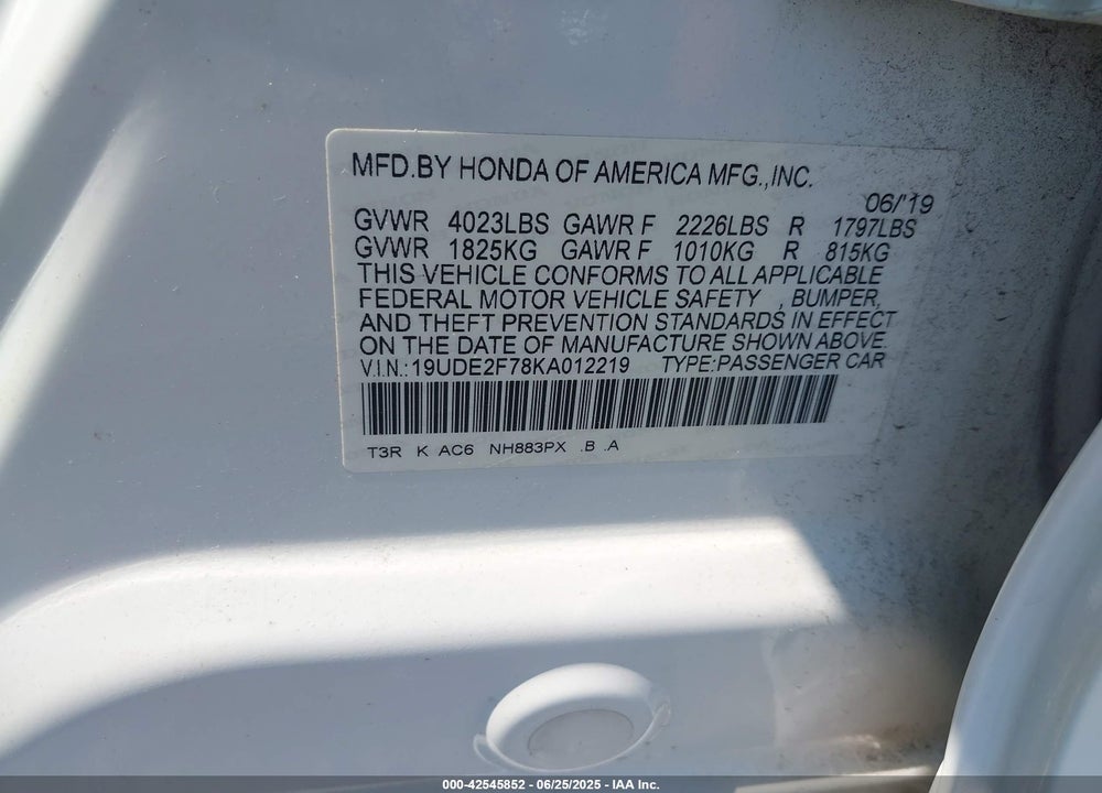 2019 ACURA ILX PREMIUM PACKAGE/TECHNOLOGY PACKAGE VIN: 19UDE2F78KA012219