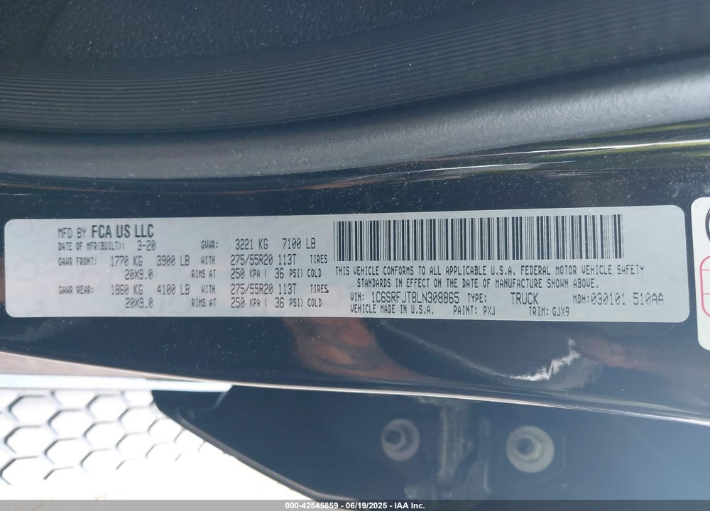 2020 RAM 1500 VIN: 1C6SRFJT8LN308865