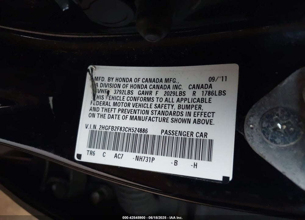 2012 HONDA CIVIC VIN: 2HGFB2F83CH524886