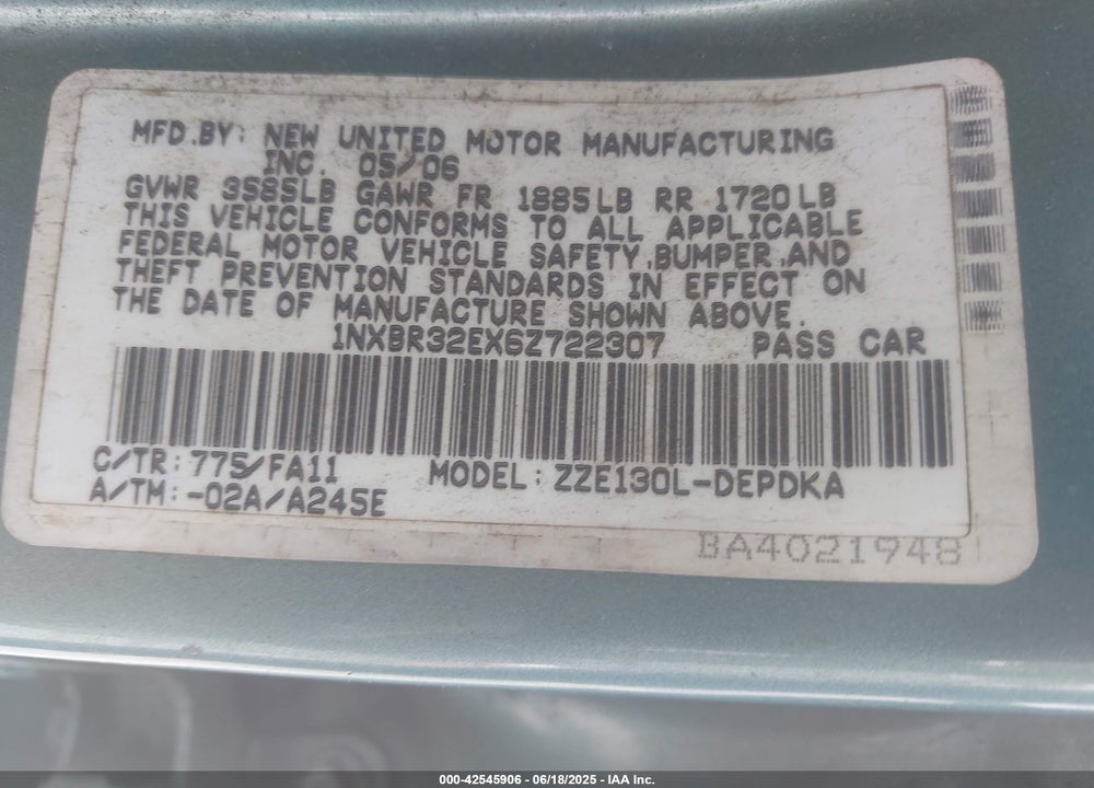 2006 TOYOTA COROLLA VIN: 1NXBR32EX6Z722307
