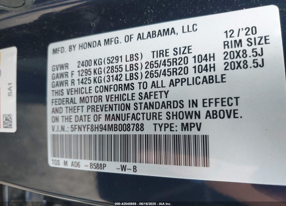 2021 HONDA PASSPORT VIN: 5FNYF8H94MB008788