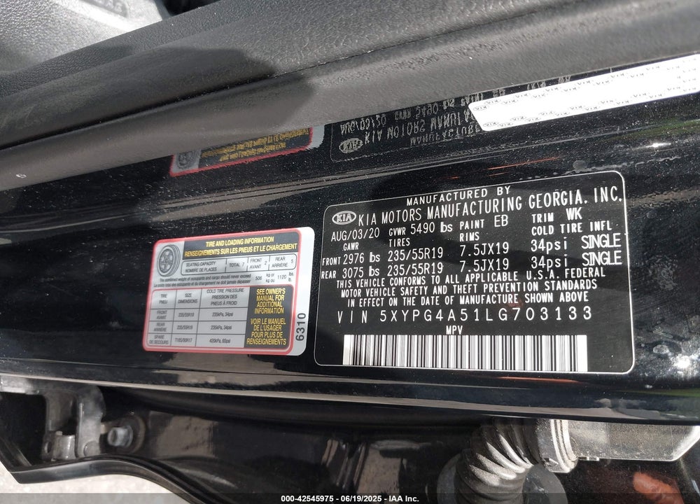 2020 KIA SORENTO VIN: 5XYPG4A51LG703133