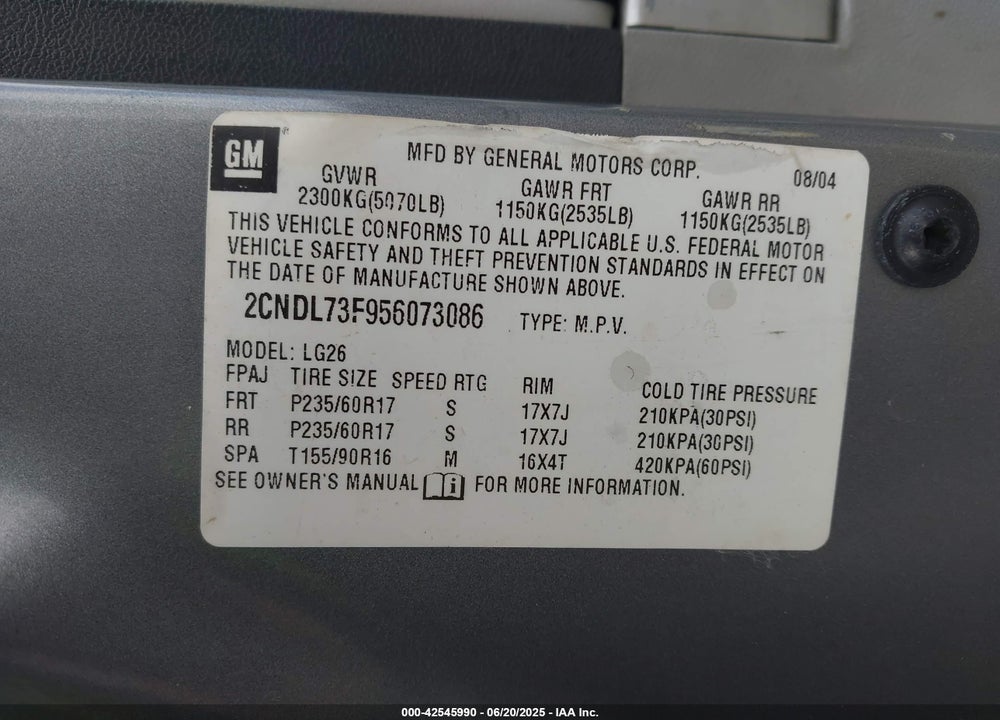 2005 CHEVROLET EQUINOX LT VIN: 2CNDL73F956073086