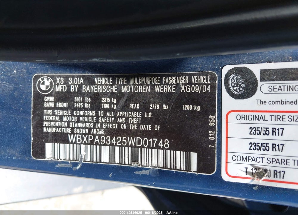 2005 BMW X3 3.0I VIN: WBXPA93425WD01748