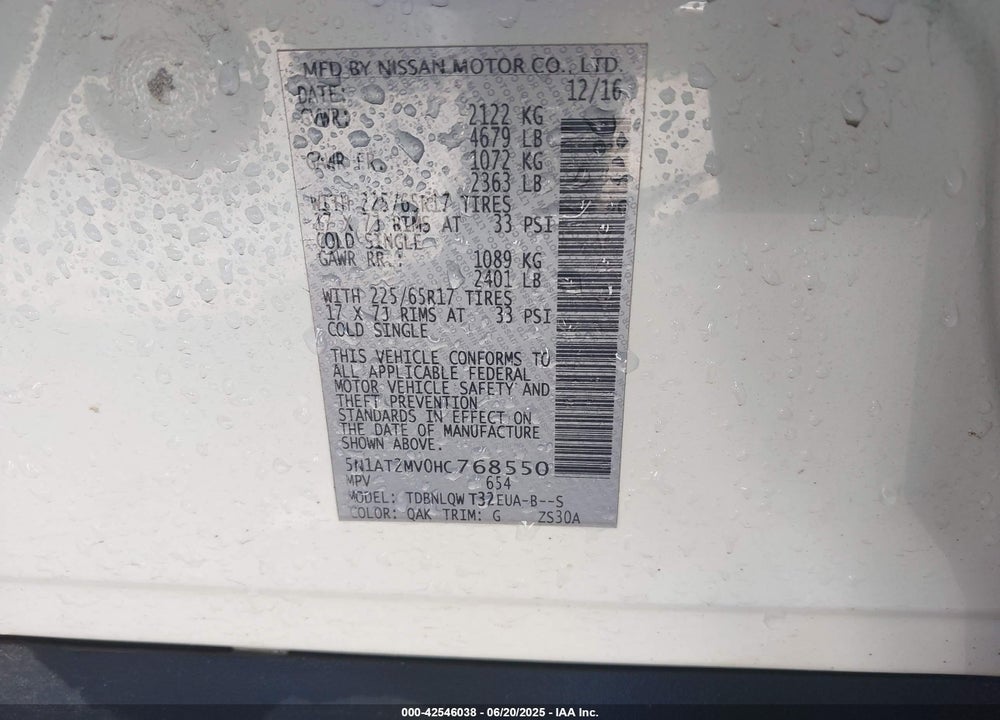 2017 NISSAN ROGUE VIN: 5N1AT2MV0HC768550