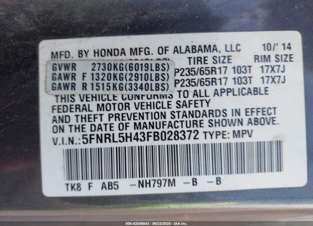2015 HONDA ODYSSEY EX VIN: 5FNRL5H43FB028372