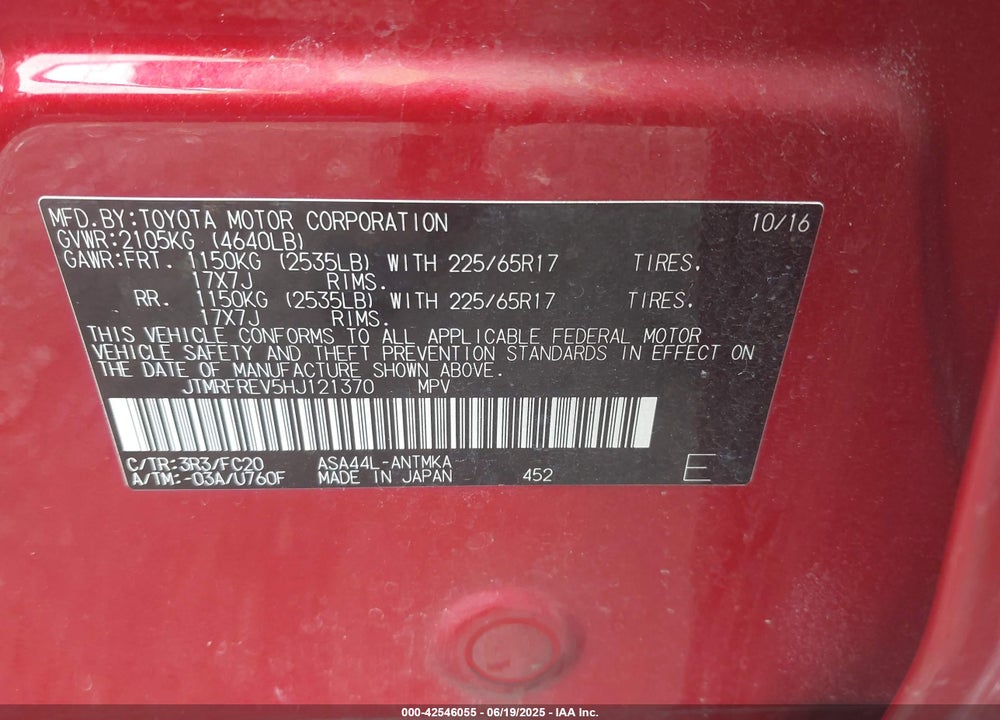 2017 TOYOTA RAV4 VIN: JTMRFREV5HJ121370