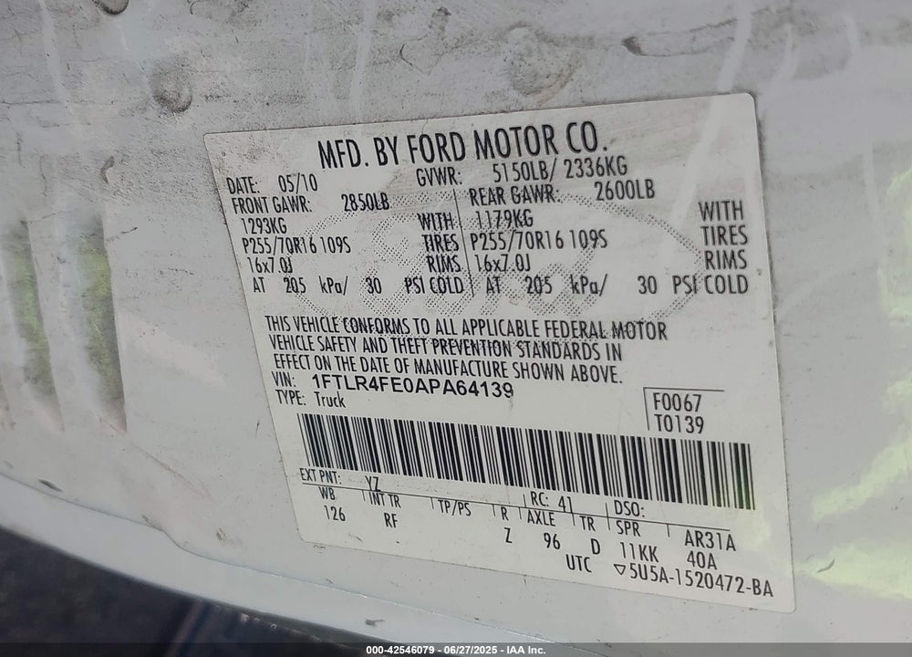 2010 FORD RANGER VIN: 1FTLR4FE0APA64139