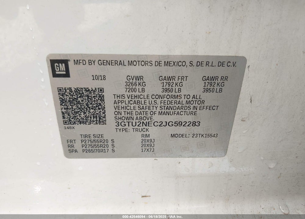 2018 GMC SIERRA 1500 VIN: 3GTU2NEC2JG592283