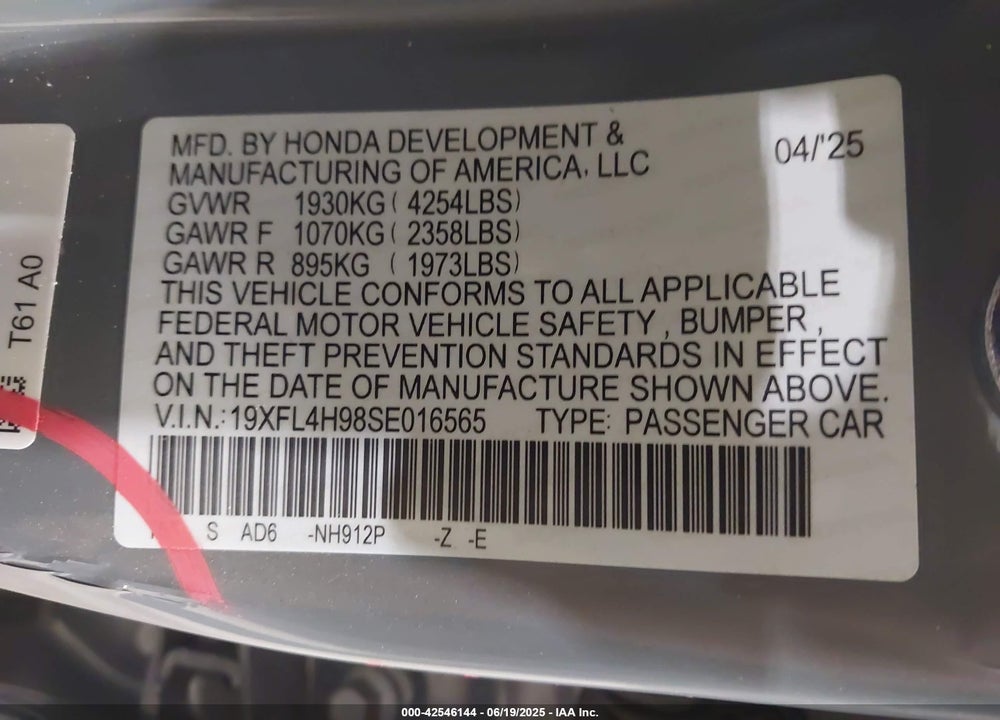 2025 HONDA CIVIC  HYBRID SPORT TOURING VIN: 19XFL4H98SE016565