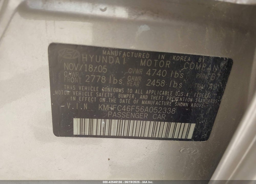 2006 HYUNDAI AZERA VIN: KMHFC46F56A052338