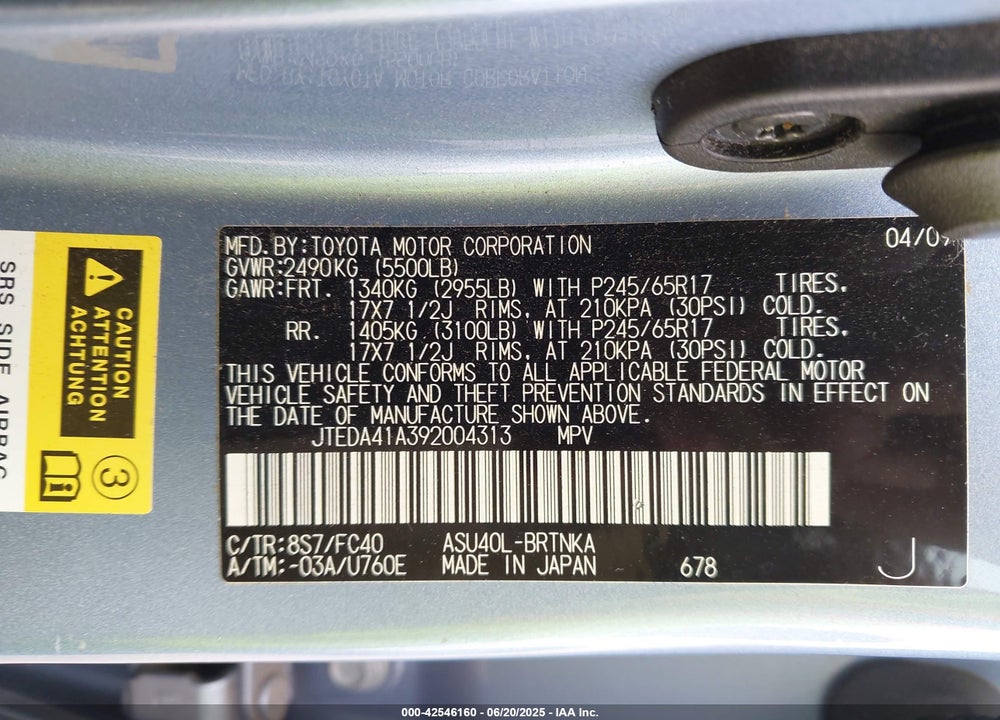 2009 TOYOTA HIGHLANDER VIN: JTEDA41A392004313