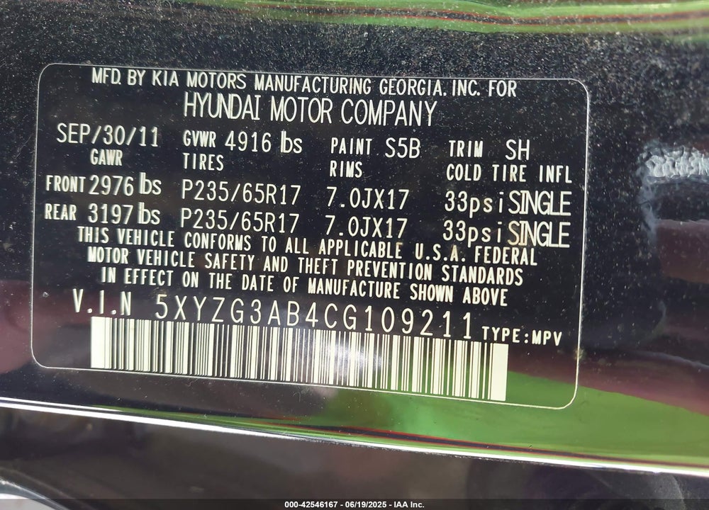 2012 HYUNDAI SANTA FE GLS VIN: 5XYZG3AB4CG109211