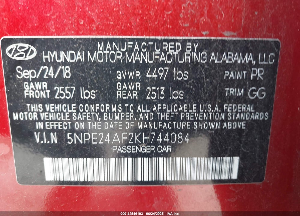 2019 HYUNDAI SONATA VIN: 5NPE24AF2KH744084