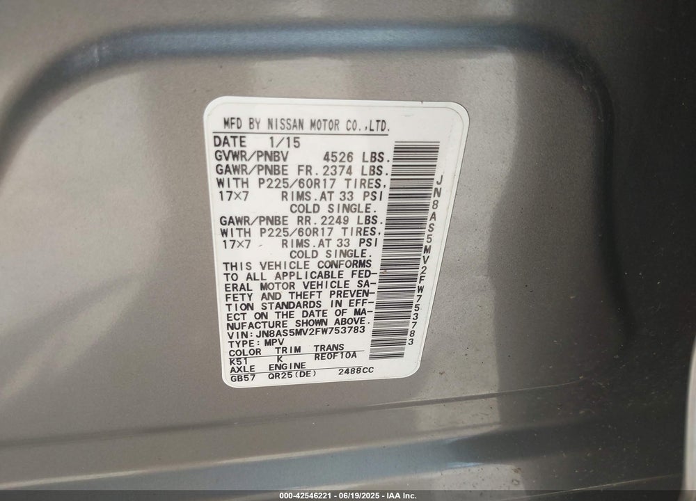 2015 NISSAN ROGUE SELECT VIN: JN8AS5MV2FW753783