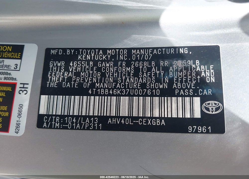 2007 TOYOTA CAMRY HYBRID VIN: 4T1BB46K37U007610