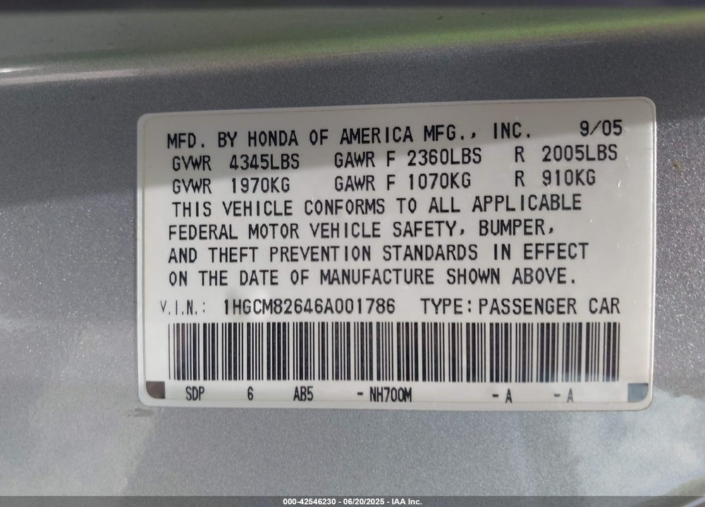 2006 HONDA ACCORD 3.0 EX VIN: 1HGCM82646A001786